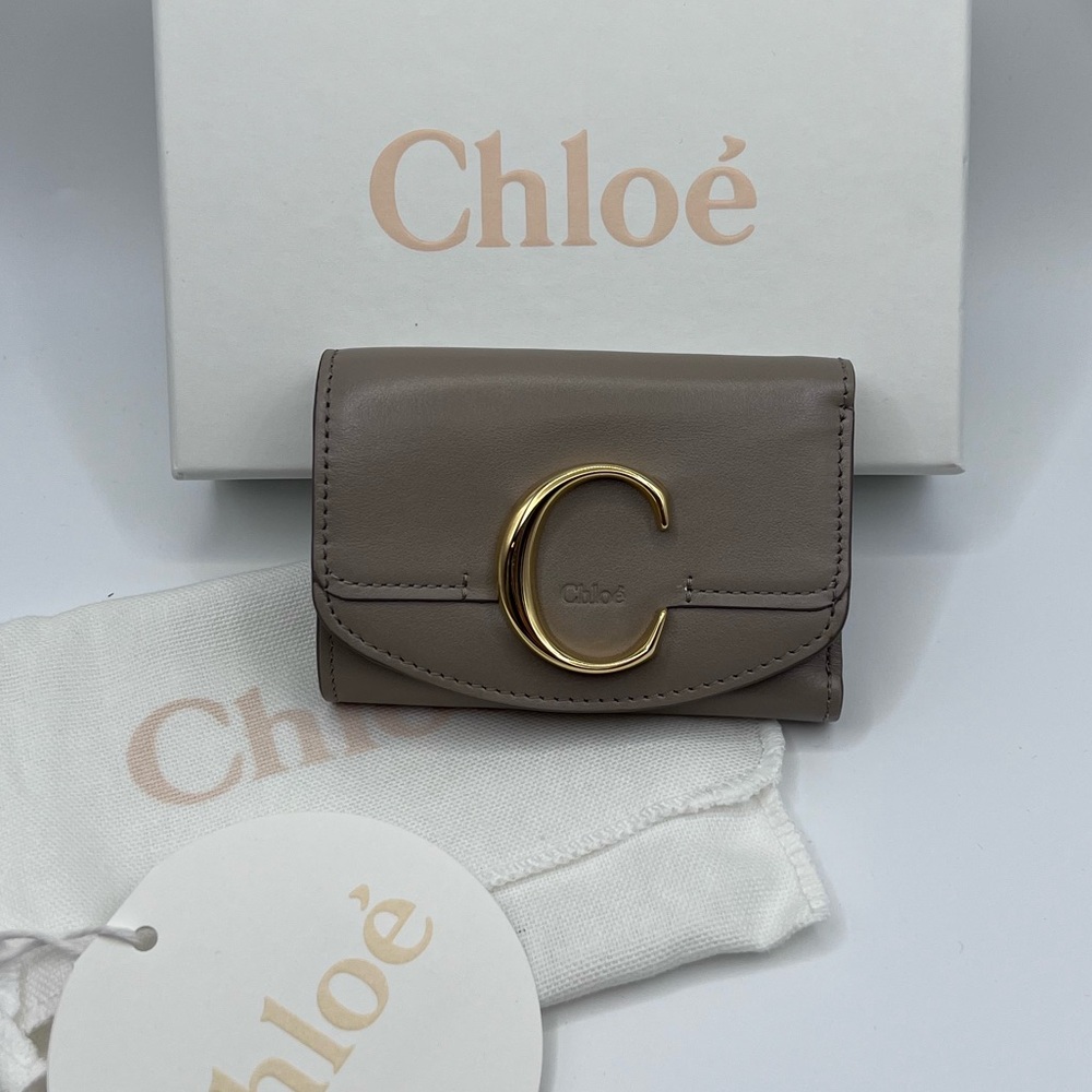 Chloé Taupe Wallet Card Holder with Gold Accent